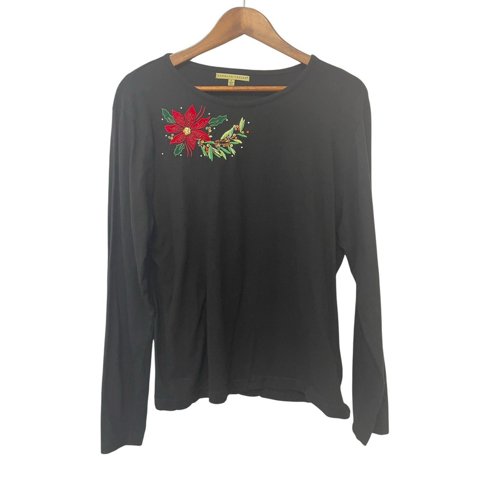 Woman Carolyn Taylor Knit Top Blouse Size XL CHRISTMAS Poinsettia Embroidered